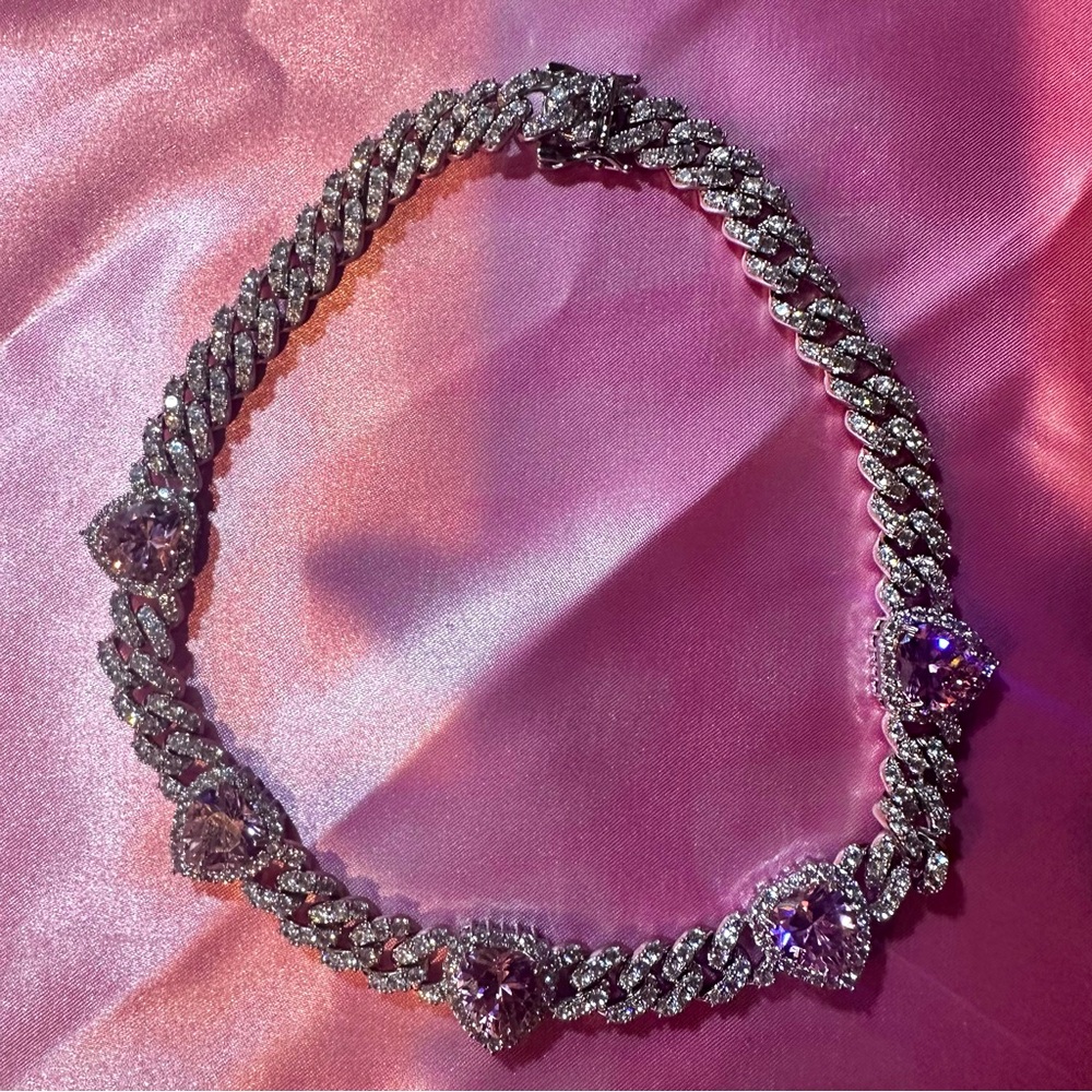 16” 11mm Bling Pink Heart Cuban Link Chocker Necklace
